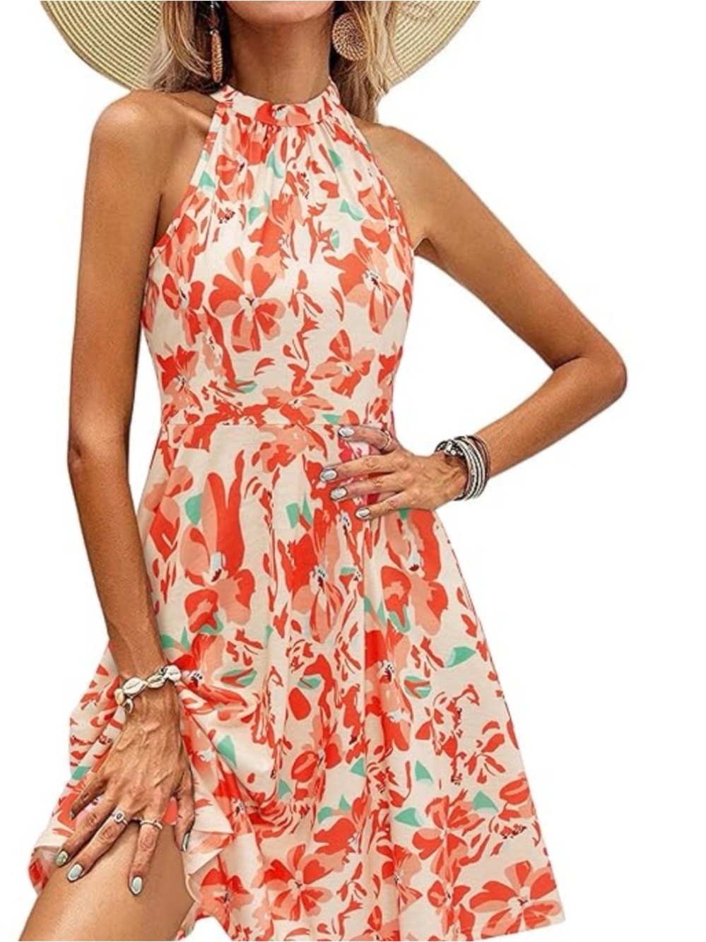 OUGES Casual Summer Dress Apricot Orange Floral Halter Tieback Sz S NEW Tags